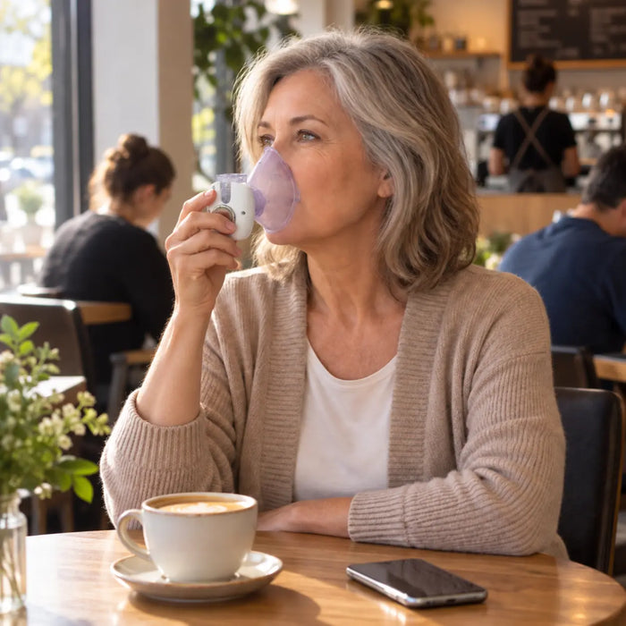 Donna che usa MicroBrezza al bar