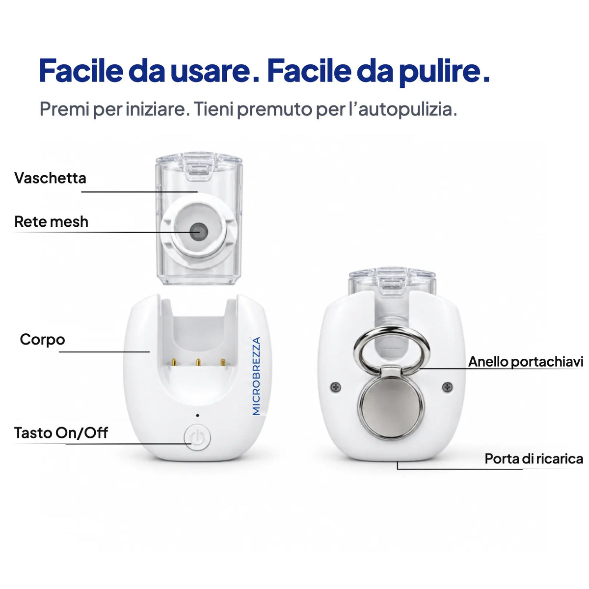 Componenti di MicroBrezza: vaschetta, rete mesh, tasto, anello portachiavi, porta di ricarica
