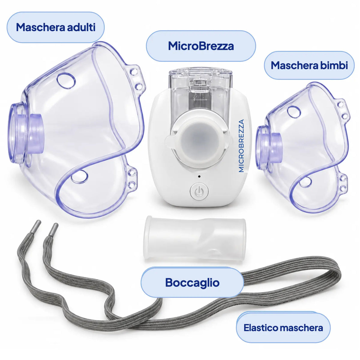 Contenuto della confezione: MicroBrezza, maschera adulti, maschera bimbi, boccaglio, elastico