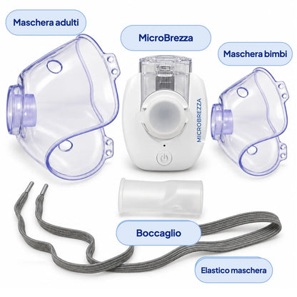 Contenuto della confezione: MicroBrezza, maschera adulti, maschera bimbi, boccaglio, elastico