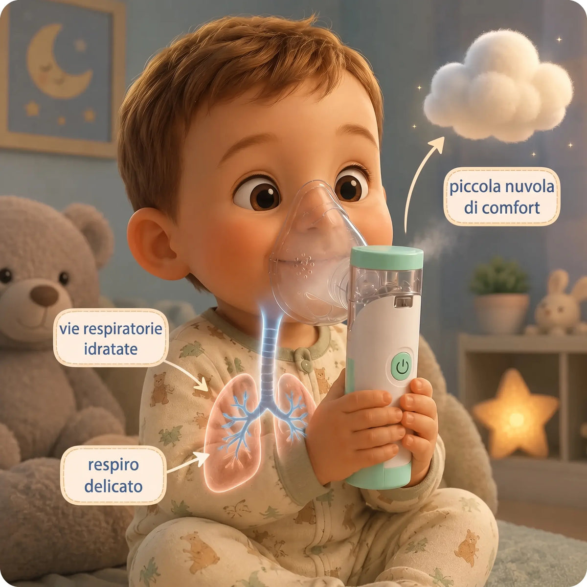 Bimbo con la mascherina di Nuvolina: vie respiratorie idratate e respiro delicato