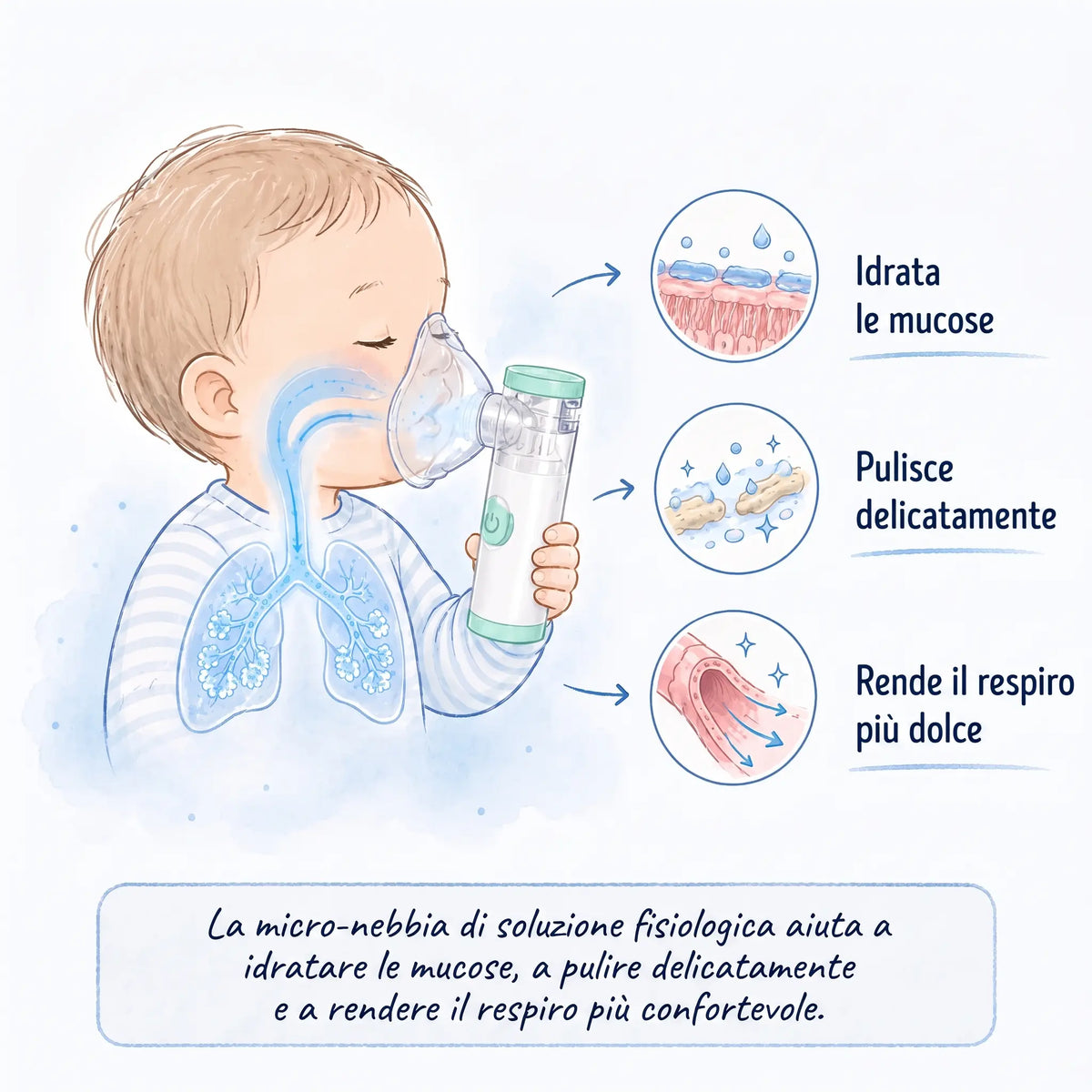 Schema: la micro-nebbia di soluzione fisiologica idrata le mucose
