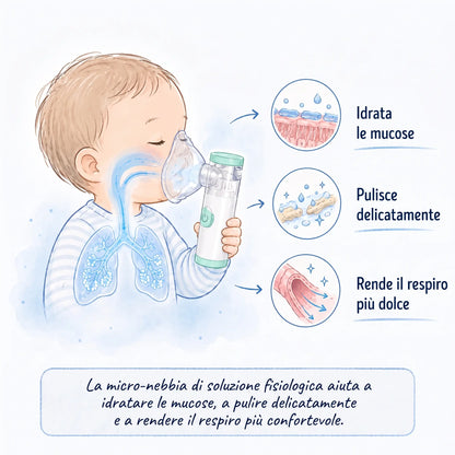 Schema: la micro-nebbia di soluzione fisiologica idrata le mucose