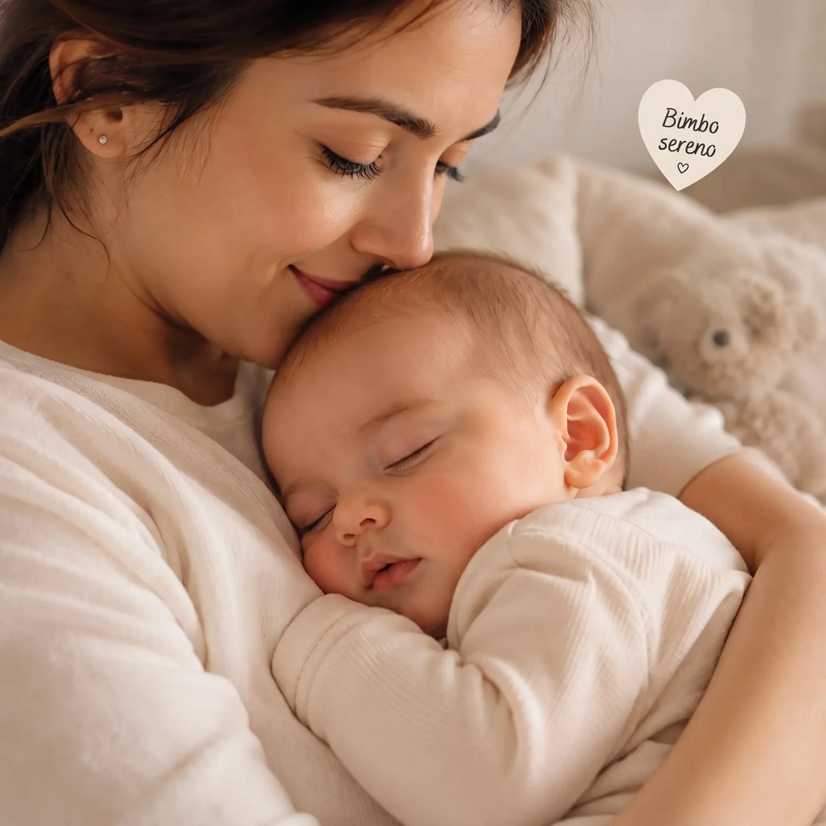 Mamma che bacia il suo bimbo sereno che dorme